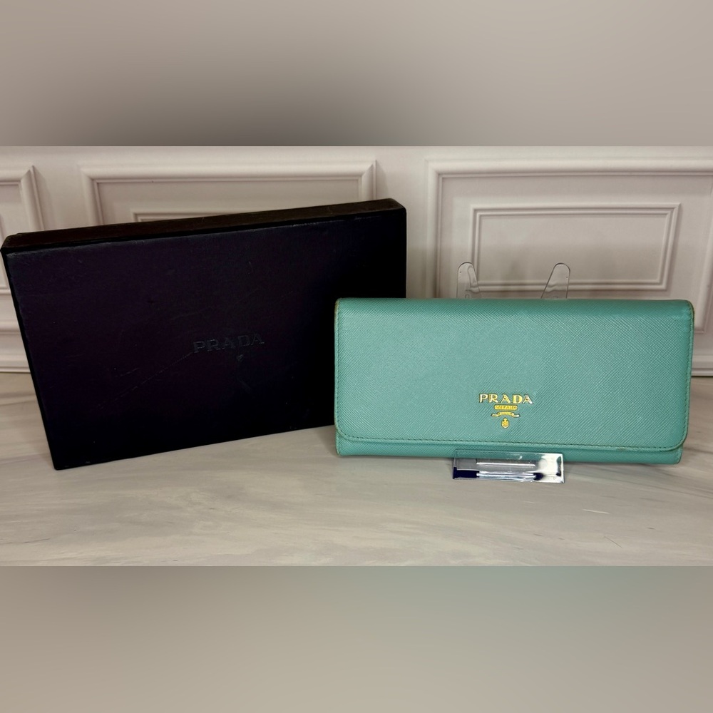 Prada Saffiano Leather Long Wallet – Turquoise | Gold Logo